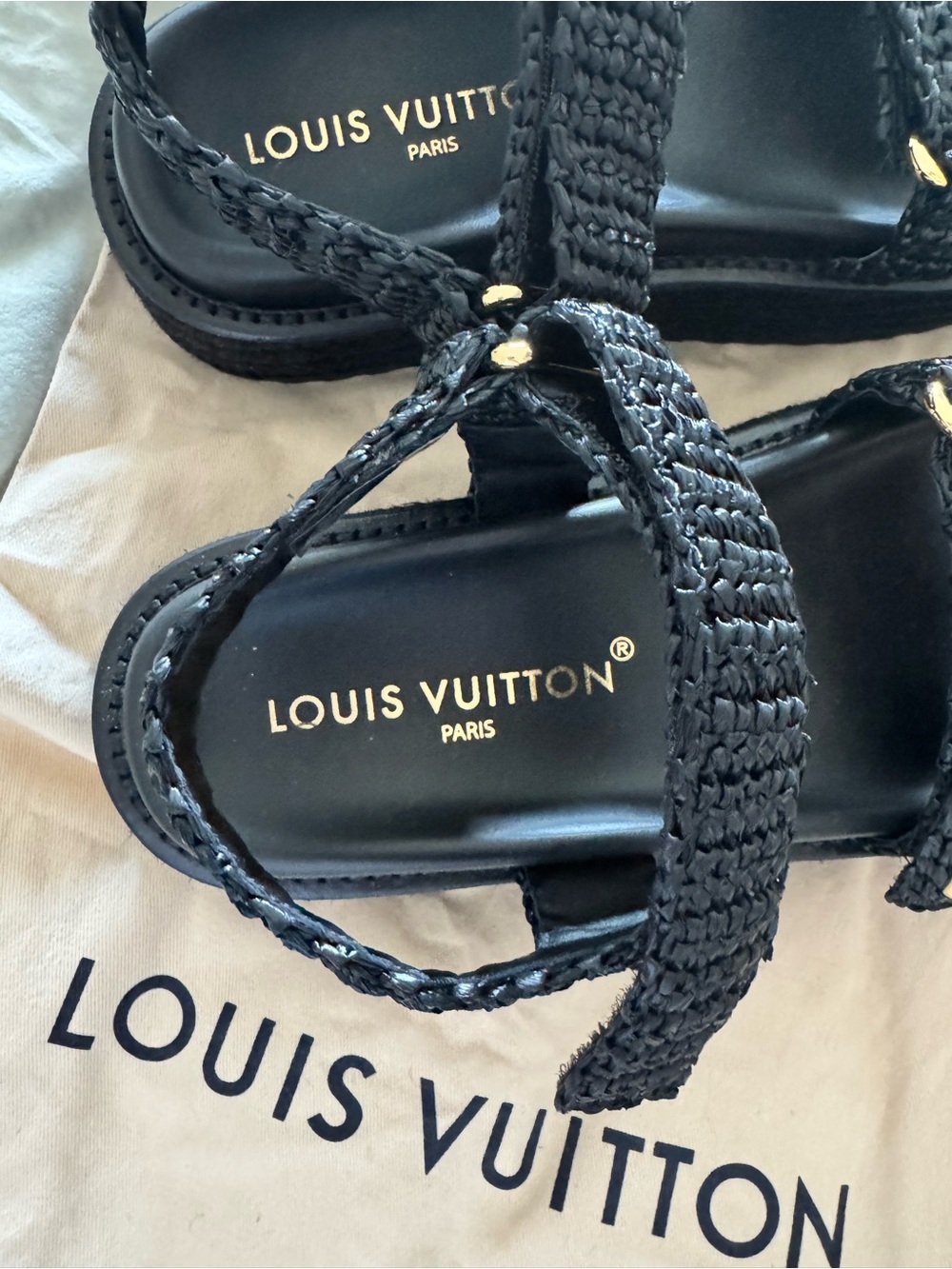 Louis Vuitton Black Braided Strap Sandals with Gold Accents - Picture 2 of 4